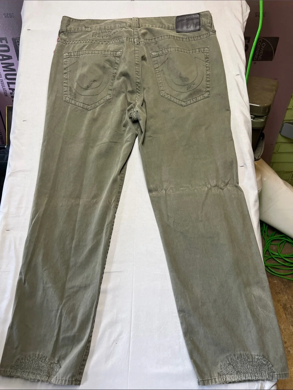 True Religion Olive Green Straight Jeans with Distressed Patchwork